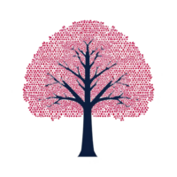 Stylized illustration of tree with vibrant pink blossoms and dark blue trunk, evoking sense of tranquility and beauty. intricate design highlights delicate nature of flowers png