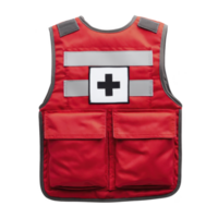 Red emergency medical vest with reflective strips and cross symbol is designed for visibility and utility in medical situations. It features multiple pockets for carrying essential supplies png