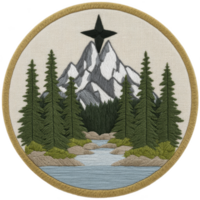 Circular embroidered patch features mountain landscape with river flowing through forest of pine trees, topped by star. design is bordered by tan edge png