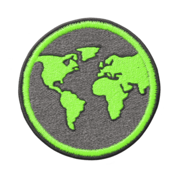 il giro ricamato toppa Caratteristiche verde carta geografica di mondo su grigio sfondo, simboleggiante globale unità e ambientale consapevolezza. toppa è delimitato con luminosa verde bordo png