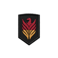 This features black embroidered patch with stylized red and yellow flame design, possibly representing phoenix or fire motif. patch has shield like shape png