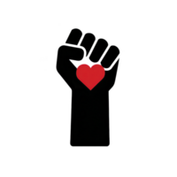 Raised black fist holding red heart symbolizes unity and love, often associated with social justice and solidarity movements. image conveys strength and compassion png