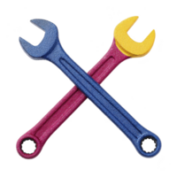Two colorful wrenches, one blue and one yellow, are crossed against transparency background, symbolizing repair and maintenance. vibrant colors add playful touch to tools png