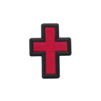 Red cross patch with black border, symbolizing medical aid or emergency services, isolated on transparency background. design is simple and bold, often used in uniforms or gear png