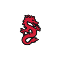 Vibrant red dragon patch with intricate details, featuring bold black outline, perfect for adding mythical touch to clothing or accessories. dragon fierce expression and dynamic pose convey png