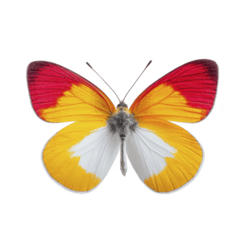 vivace farfalla con Impressionante rosso, giallo, e bianca Ali è visualizzato contro pianura sfondo, in mostra suo colorato modello e delicato struttura png