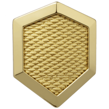hexagonal guld bricka med vävd textur i Centrum, terar skinande metallisk ram. invecklad mönster och lyxig Avsluta ge den elegant och prestigefyllda utseende png