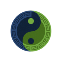 Yin yang symbol with decorative border combines dark blue and green colors, representing balance and harmony. circular design features intricate patterns, symbolizing unity and duality png