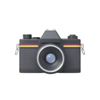 Vintage style camera with textured body and colorful stripe detail is shown. camera features prominent lens and classic design, evoking nostalgia and creativity png
