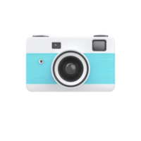 Retro style camera with blue and white design, featuring large lens and viewfinder, evokes sense of nostalgia and creativity png