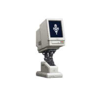 Vintage computer monitor with pixelated design displays digital flower on screen, connected to base with visible circuit patterns, evoking sense of nostalgia and technology fusion png