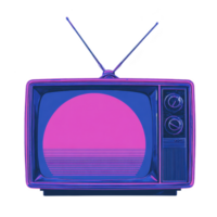 Retro television with antennas displays vibrant pink and blue geometric design, evoking nostalgic and artistic feel. vintage style and bold colors create striking visual png