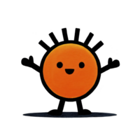 Cheerful, cartoonish orange sun character with smiling face and outstretched arms, radiating happiness and warmth. sun has simple, bold lines and playful design png