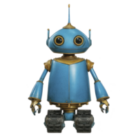 Cute blue robot with large round eyes and friendly expression stands on wheels, featuring gold accents and antenna on its head. robot design is charming and retro futuristic png
