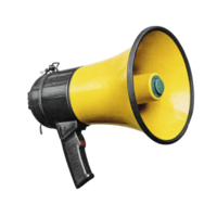 Vibrant yellow and black megaphone with textured surface is shown, featuring handle and small green button. design is bold and eye catching, ideal for announcements png