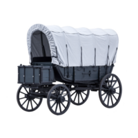 Classic covered wagon with white canvas top and wooden wheels, evoking sense of historical adventure and exploration. wagon is reminiscent of those used during American frontier era png