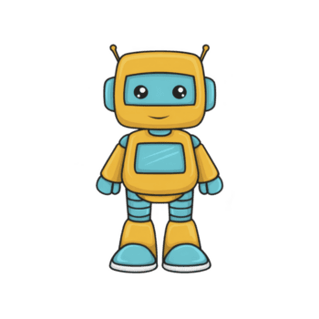 Cute cartoon robot with yellow and blue design, featuring friendly expression and antennae. robot has square head, round eyes, and rectangular body with visible joints png