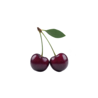 Two fresh cherries with green leaf and water droplets on transparency background, showcasing their vibrant red color and juicy texture png