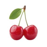 Two fresh cherries with water droplets and green leaf on stem, isolated on transparency background, showcasing their vibrant red color and juicy texture png