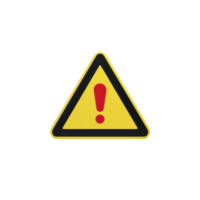 Yellow triangular warning sign with red exclamation mark in center, symbolizing caution or alert. sign has black border, emphasizing importance of message png