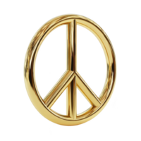 Shiny golden peace symbol stands out against plain background, representing harmony and tranquility. metallic finish adds touch of elegance and sophistication to iconic design png