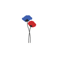 Two abstract flowers with blue and red petals are depicted with simple black stems on transparency background, creating minimalist and artistic design png