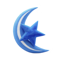 Blue crescent moon and star design with textured appearance, featuring white stripe on moon. image has soft, celestial theme, evoking sense of calm and serenity png