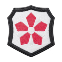 This shows embroidered patch featuring red geometric flower design transparency background, bordered by black shield shape. patch has symmetrical and bold appearance, often used for decorative png