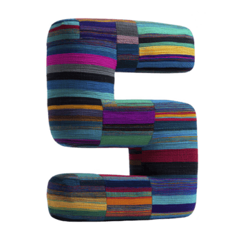 This features colorful, patchwork number five made of fabric with various vibrant patterns and textures, creating playful and artistic design png