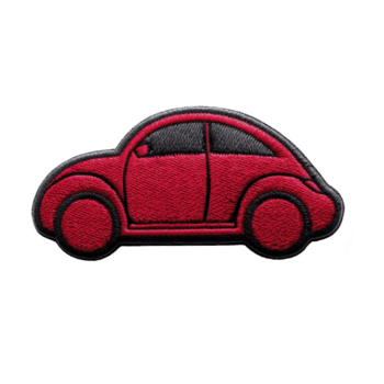 rojo bordado parche en forma de clásico coche con negro describir, exhibiendo sencillo y juguetón diseño. parche es aislado en transparencia antecedentes png