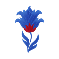 Vibrant embroidered design features stylized blue flower with red center, showcasing intricate stitching and elegant curves. floral motif is set against plain background, highlighting its artistic png