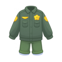 Green uniform with yellow patches and flower emblem, featuring jacket and shorts. design is simple and cartoonish, suitable for playful or animated theme png