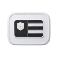 This shows rectangular embroidered patch with black and white design featuring shield with star and horizontal stripes. patch has white border and textured appearance.Patch with shield and stripes png