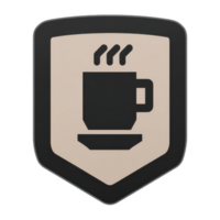 Shield shaped icon features stylized coffee cup with steam rising, symbolizing warmth and comfort. design is simple and modern, using neutral tones for minimalist aesthetic png