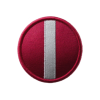 Round embroidered patch with red background and vertical white stripe in center, symbolizing specific design or insignia. patch has textured fabric appearance and stitched border png