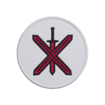 Questo Caratteristiche circolare toppa con rosso e nero spada design su trasparenza sfondo. spada è attraversato con Due rosso linee, la creazione di Impressionante emblema png