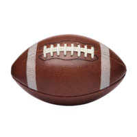 Brown leather American football with white laces and stripes is isolated on transparency background, showcasing its textured surface and classic design png