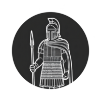 Detailed illustration of ancient warrior in armor, holding spear and wearing helmet with crest, evokes sense of historical valor and strength. monochrome design highlights intricate details png