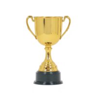 Shiny gold trophy cup with two handles and black base, symbolizing achievement and success. trophy is isolated on transparency background, highlighting its elegance and prestige png