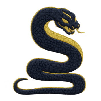 enrolado serpente com ameaçador expressão é retratado dentro estilizado, bordado projeto, apresentando Sombrio e ouro cores. serpente língua é estendido, adicionando para Está feroz aparência png