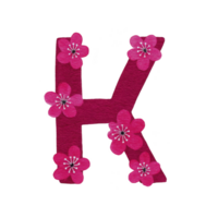 Vibrant letter K adorned with pink flowers, creating cheerful and decorative design. floral embellishments add playful and artistic touch to bold letter png
