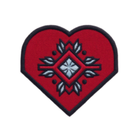 Red heart shaped embroidered patch with geometric pattern in center, featuring blue and white accents. design is symmetrical and outlined in black, giving it bold appearance png