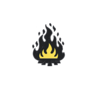 Stylized illustration of campfire with yellow flames and black smoke, set against transparent background. design is simple and minimalistic, evoking sense of warmth and adventure png