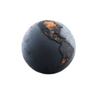 Digitally rendered image of Earth with dark, moon like texture and highlighted orange landmasses, creating surreal and artistic representation of planet png