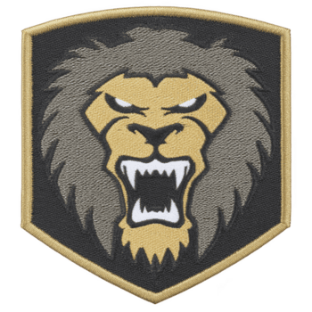 This features embroidered patch with fierce lion head design, showcasing roaring expression. patch has shield shape with transparency background and gold border, highlighting lion mane and face png