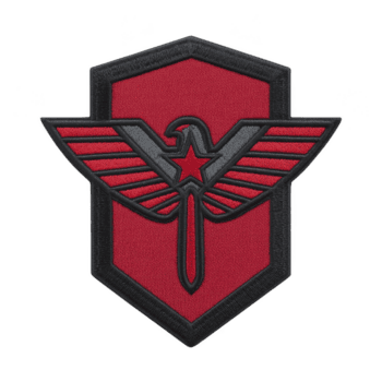 cette Caractéristiques rouge et noir brodé pièce avec stylisé Aigle et étoile conception, ensemble sur bouclier en forme de Contexte. audacieux couleurs et tranchant lignes donner il frappant apparence png