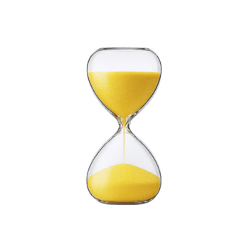 Clear hourglass with vibrant yellow sand flowing through it symbolizes passage of time. sand is evenly distributed between top and bottom chambers, creating sense of balance and continuity png