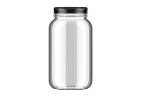 Clear glass jar with black lid is shown, perfect for storing food or liquids. simple design is versatile for kitchen use or decorative purposes png