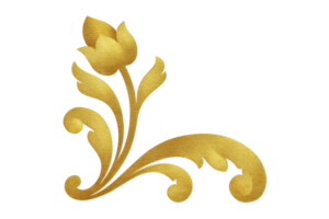Elegant golden floral design with swirling leaves and blooming flower, perfect for decorative purposes or embellishments. intricate pattern adds touch of luxury and sophistication png