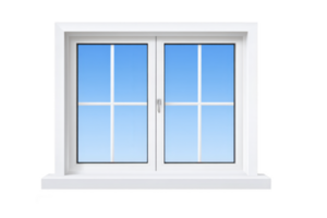 White framed window with clear glass panes reflects bright blue sky, creating serene and open atmosphere. window design is simple and modern, enhancing any interior space png